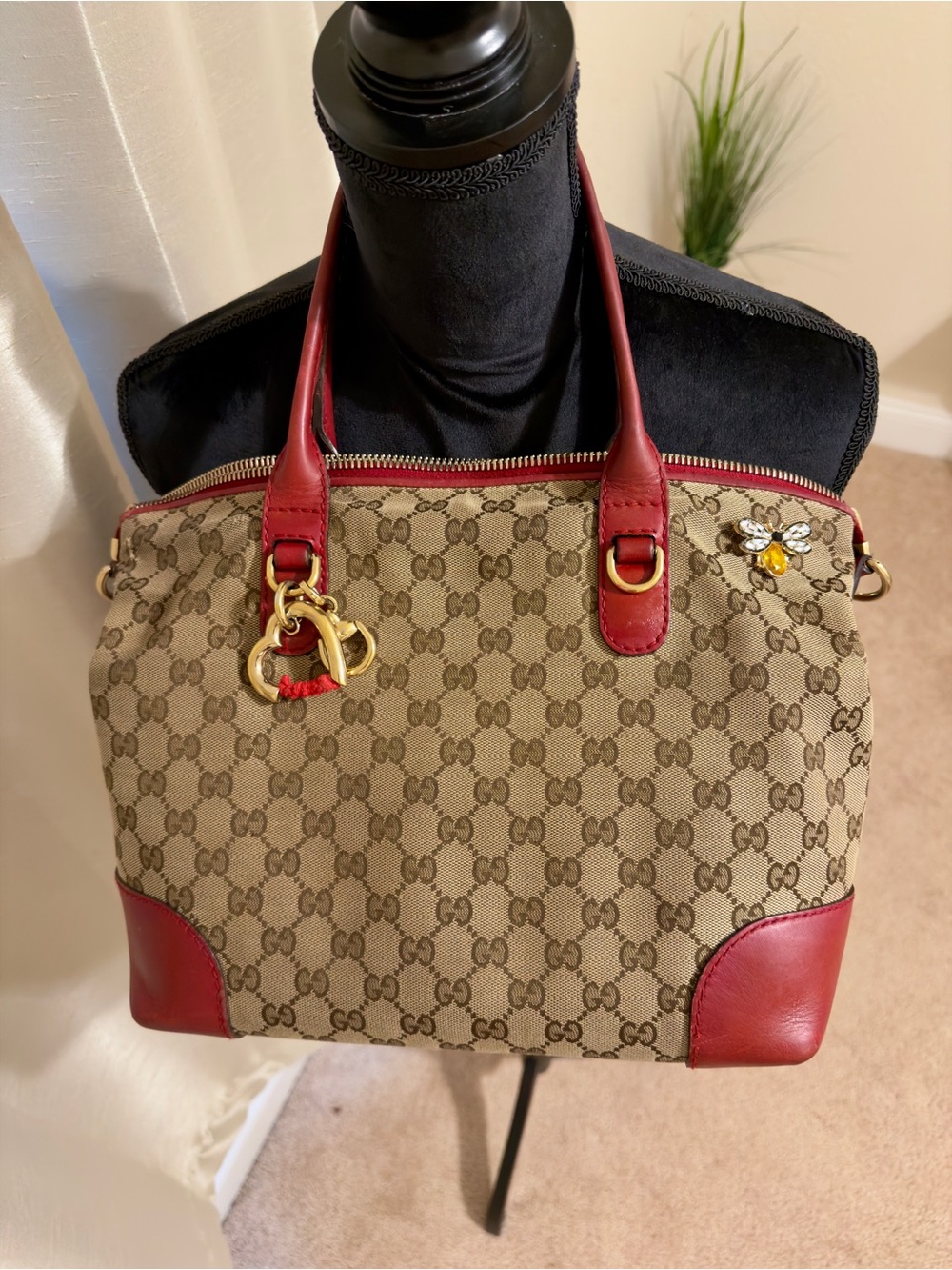Gucci Beige GG Monogram Satchel with Red Leather Trim and Gold Hardware
